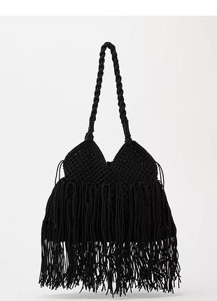 Плетена сумка zara з макраме шопер жіноча чорна як нова