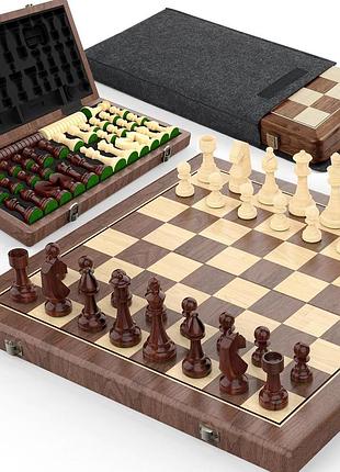Дерев'яний шаховий набір 38 см magnetic board wooden chess checkers set магнітний набір для шахів і шашок із дерева 2 в 1