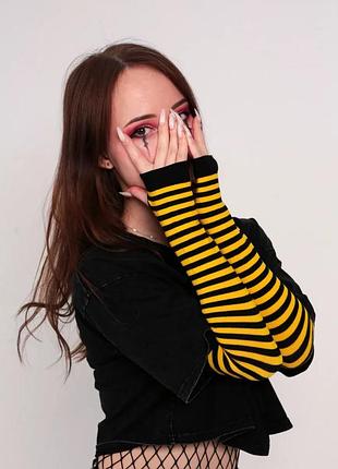 Митенки вязаные без пальцев в полоску жёлто-чёрные one size y2k punk (10768)