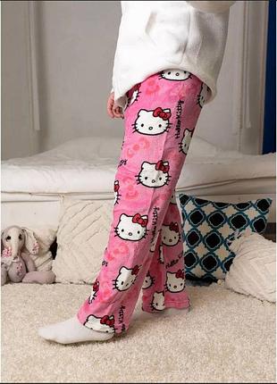 Пижамные плюшевые штаны hello kitty, розовые, теплые (10821)