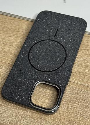 Чехол на iphone 14 черный с блестками с магнитом магсейф