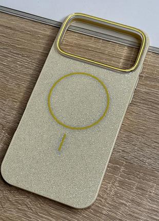 Чехол на iphone 17 pro желтый с блестками с магнитом магсейф glitter case