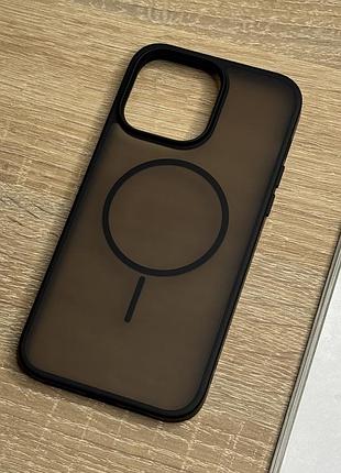 Чехол на iphone 14 pro max черный магнитный с поддержкой magsafe, защищенный полупрозрачный сзади