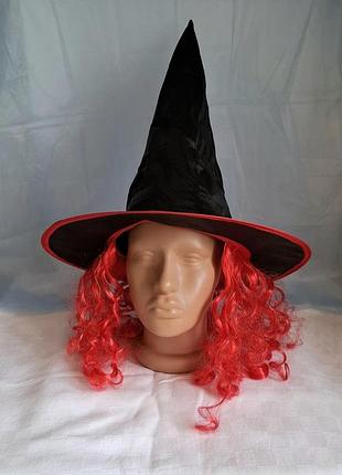 Шляпа колпак ведьмы halloween с красными кудрявыми волосами женский
