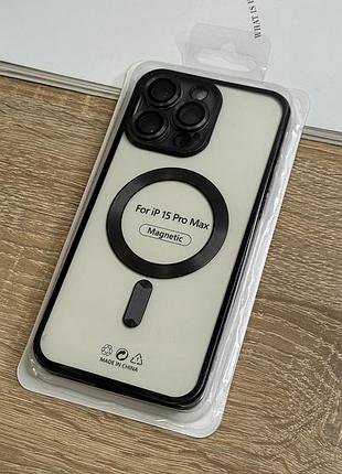 Силиконовый чехол на iphone 15 pro max с magsafe, прозрачный с чёрными бортиками и защитой камеры линзами