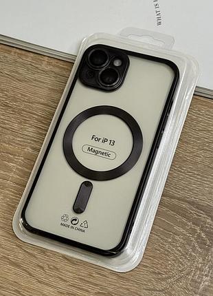 Силиконовый чехол на iphone 13 с magsafe, прозрачный с чёрными бортиками и защитой камеры линзами