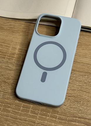 Силіконовий чохол на iphone 15 pro max з magsafe, блакитний матовий з м’якою підкладкою silicone case
