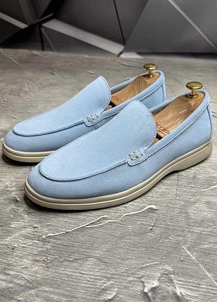Лофери чоловічі замшеві блакитні весняні/літні 8221 blue | стильні блакитні чоловічі замшеві туфлі лофери