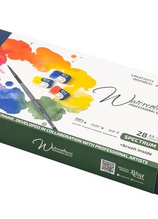Набір акварельних фарб spectrum 28 кольорів по 2.5мл кювет мет пенал rosa gallery