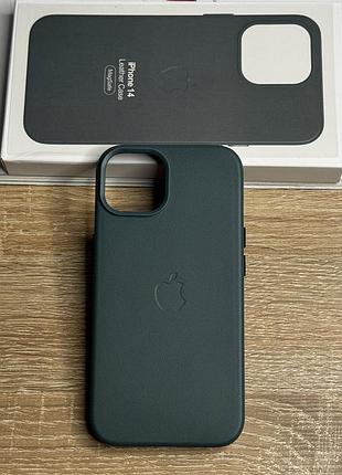 Шкіряний чохол на iphone 14 з логотипом apple та magsafe, протиударний з мікрофіброю, темний зелений (pine needle grine)
