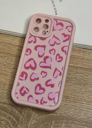 Силіконовий чохол на iphone 12 pro, рожевий протиударний з захистом камери heart design