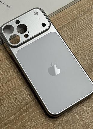 Чехол на iphone 16 pro max серебряный с магнитами магсейф и логотипом logo с линзами