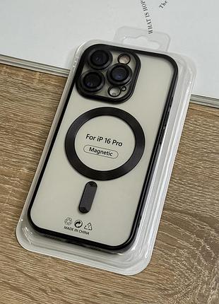 Силиконовый чехол на iphone 16 pro с magsafe, прозрачный с чёрными бортиками и защитой камеры линзами