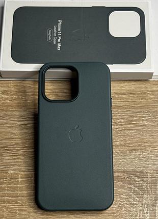 Шкіряний чохол на iphone 14 pro max з логотипом apple та magsafe, протиударний з мікрофіброю, темний зелений (pine needle grine)