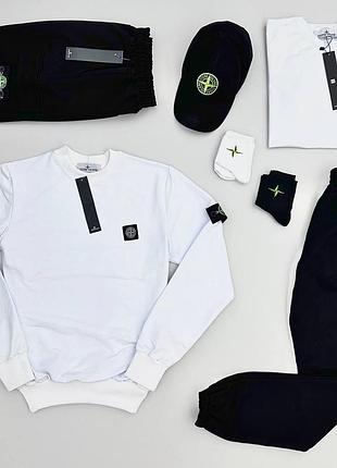 Мужской спортивный костюм stone island костюм + футболка + шорты + кепка белый с черным стон айленд s (bon)