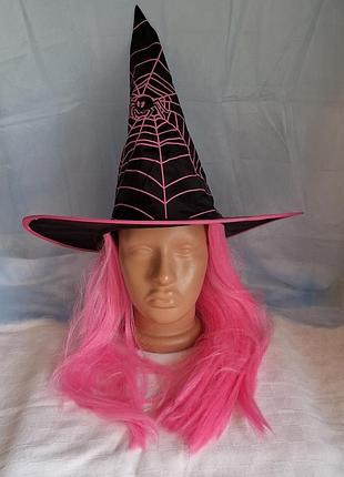 Шляпа колпак ведьмы halloween с розовыми длинными волосами женский