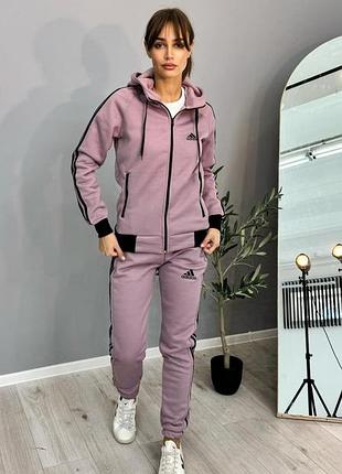 Женский зимний спортивный костюм adidas сиреневый с капюшоном на молнии комплект адидас на флисе s (b)