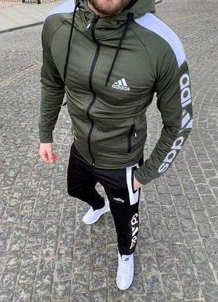 Мужской спортивный костюм adidas кофта на змейке + штаны хаки адидас с капюшоном весенний осенний l (b)