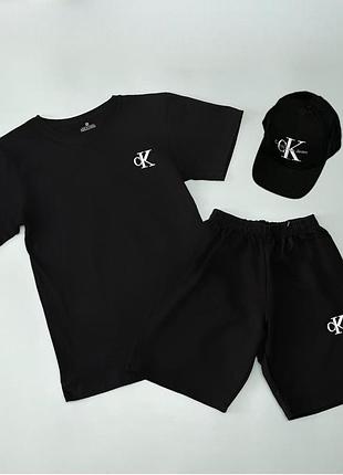 Чоловічий літній костюм calvin klein футболка + шорти + кепка чорний комплект кельвін кляйн на літо (b)