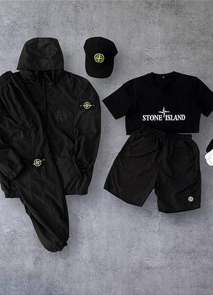Чоловічий спортивний костюм stone island 7в1 комплект стон айленд вітровка штани футболка шорти кепка чорний xxl (b)