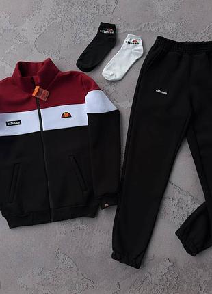 Чоловічий зимовий спортивний костюм ellesse чорний з бордовим без капюшона на флісі еліс кофта + штани + шкарпетки (b)