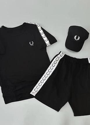 Мужской летний костюм fred perry футболка шорты кепка черный комплект фред перри с лампасами (b)