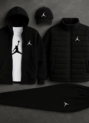 Чоловічий спортивний костюм jordan 5в1 чорний комплект джордан кофта штани куртка футболка кепка (b)