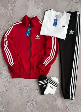 Мужской спортивный костюм adidas красный весенний осенний набор адидас кофта + штаны + футболка + носки xl (b)