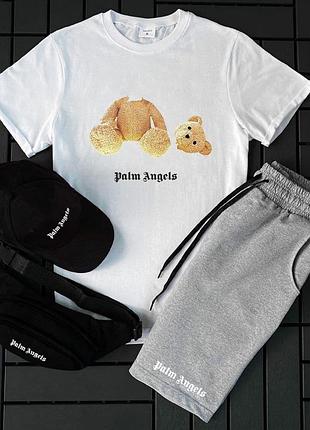 Мужской летний костюм palm angels с медведем футболка + шорты + кепка + барсетка белый с серым палм ангелс xxl
