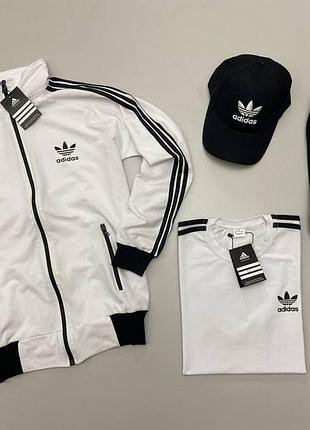 Мужской костюм adidas 4в1 кофта на змейке + штаны + футболка + кепка белый адидас весенний осенний l (b)