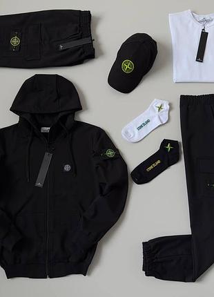 Чоловічий спортивний костюм stone island 7в1 костюм + футболка + шорти + кепка чорний з білим стон айленд (bon)