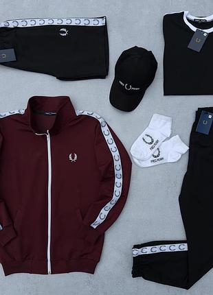 Мужской набор fred perry 6в1 кофта + штаны + шорты + футболка + кепка бордовый с черным фред перри l (b)