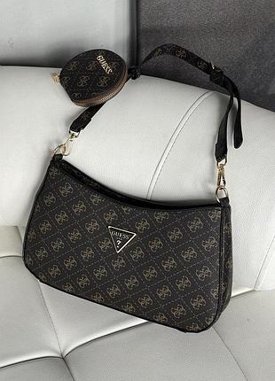 Женская сумка багет guess noelle 2в1 коричневая маленькая гесс на плечо (b)