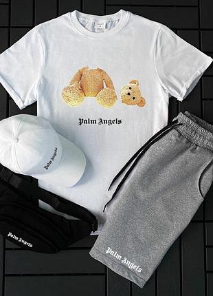 Мужской летний костюм palm angels с медведем футболка + шорты + кепка + барсетка белый с серым палм ангелс l