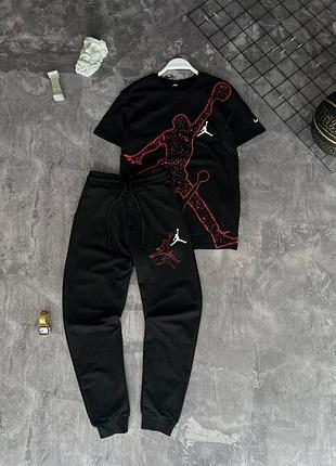 Чоловічий літній костюм jordan футболка + штани чорний з червоним комплект джордан на літо (b)