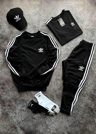 Мужской костюм adidas 4в1 свитшот + штаны + футболка + кепка + носки черный адидас весенний xl (b)