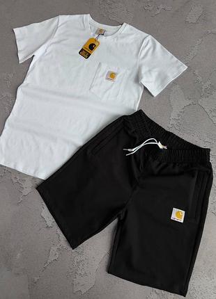 Мужской летний костюм carhartt футболка + шорты белый с черным комплект кархарт на лето (b)