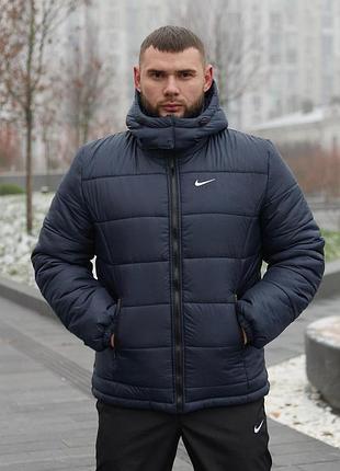 Мужская зимняя куртка nike синяя до -25*с теплая пуховик с капюшоном найк (b)