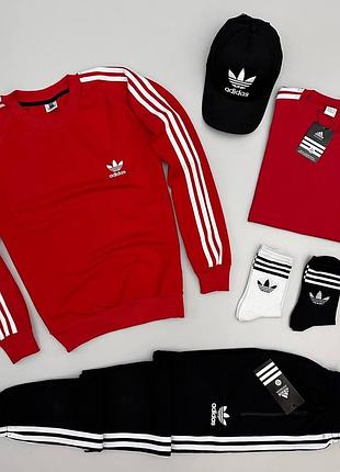 Мужской костюм adidas 4в1 свитшот + штаны + футболка + кепка + носки красный без капюшона адидас весенний xl