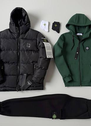 Мужской зимний спортивный костюм stone island + зимняя куртка + носки стон айленд хаки с черным xxl (bon)