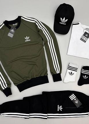 Мужской костюм adidas 4в1 свитшот + штаны + футболка + кепка + носки хаки без капюшона адидас весенний m (b)
