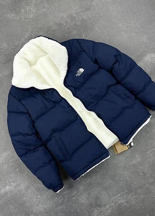 Мужской зимний двосторонний пуховик the north face синий куртка с овчинкой зе норт фейс xxl (b)