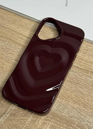 Чохол на iphone 16 силіконовий бордовий з об'ємним малюнком серце
