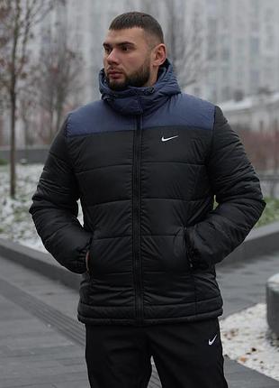 Мужская зимняя куртка nike синяя с черным до -25*с теплая пуховик с капюшоном найк (b)