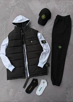 Мужской костюм stone island + жилетка + кепка + носки черный с патчем комплект стон айленд весенний осенний l