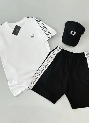 Мужской летний костюм fred perry футболка шорты кепка белый с черным комплект фред перри с лампасами l (b)