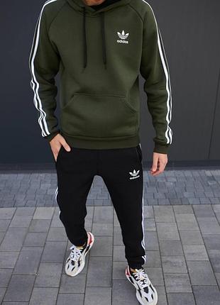 Мужской зимний спортивный костюм adidas хаки с черный комплект адидас на флисе худи + штаны xl (bon)
