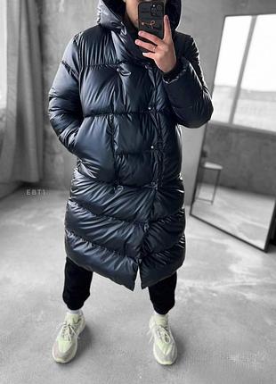 Мужская зимняя парка оверсайз синяя до -20*с матовая теплая удлиненная куртка с капюшоном до колен m (b)