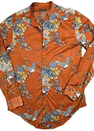 Zara man s-m 44-46 рубашка коттон сорочка охра коричневый птицы журавли