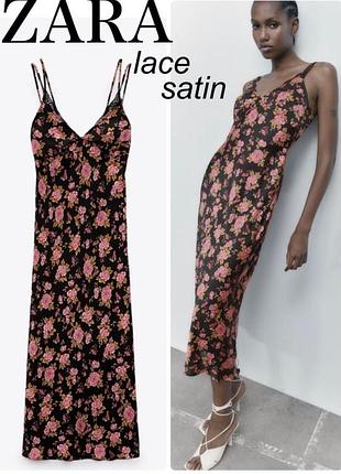 Черное платье-комбинация макси от zara с розовым цветочным принтом и нежной кружевной отделкой в зоне декольте